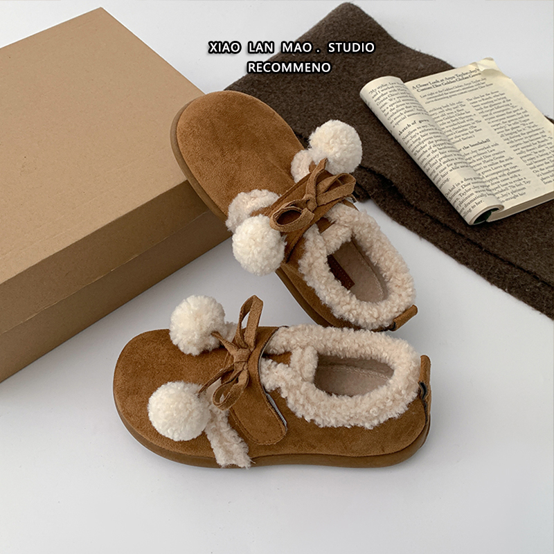 可爱毛球蝴蝶结加绒雪地靴勃肯鞋