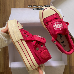 红色厚底帆布鞋女2026春夏新款百搭高帮板鞋两穿小众设计休闲板鞋