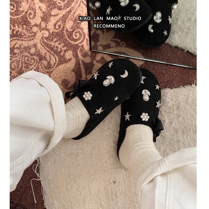 毛毛拖包头外穿厚底百搭增高黑色