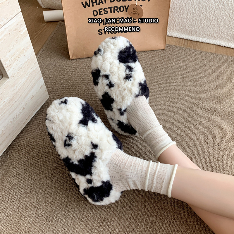 奶牛厚底毛毛拖鞋女外穿2025年