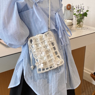 手工编织包女2026新款夏季时尚链条斜挎包精致珍珠手机包迷你小包