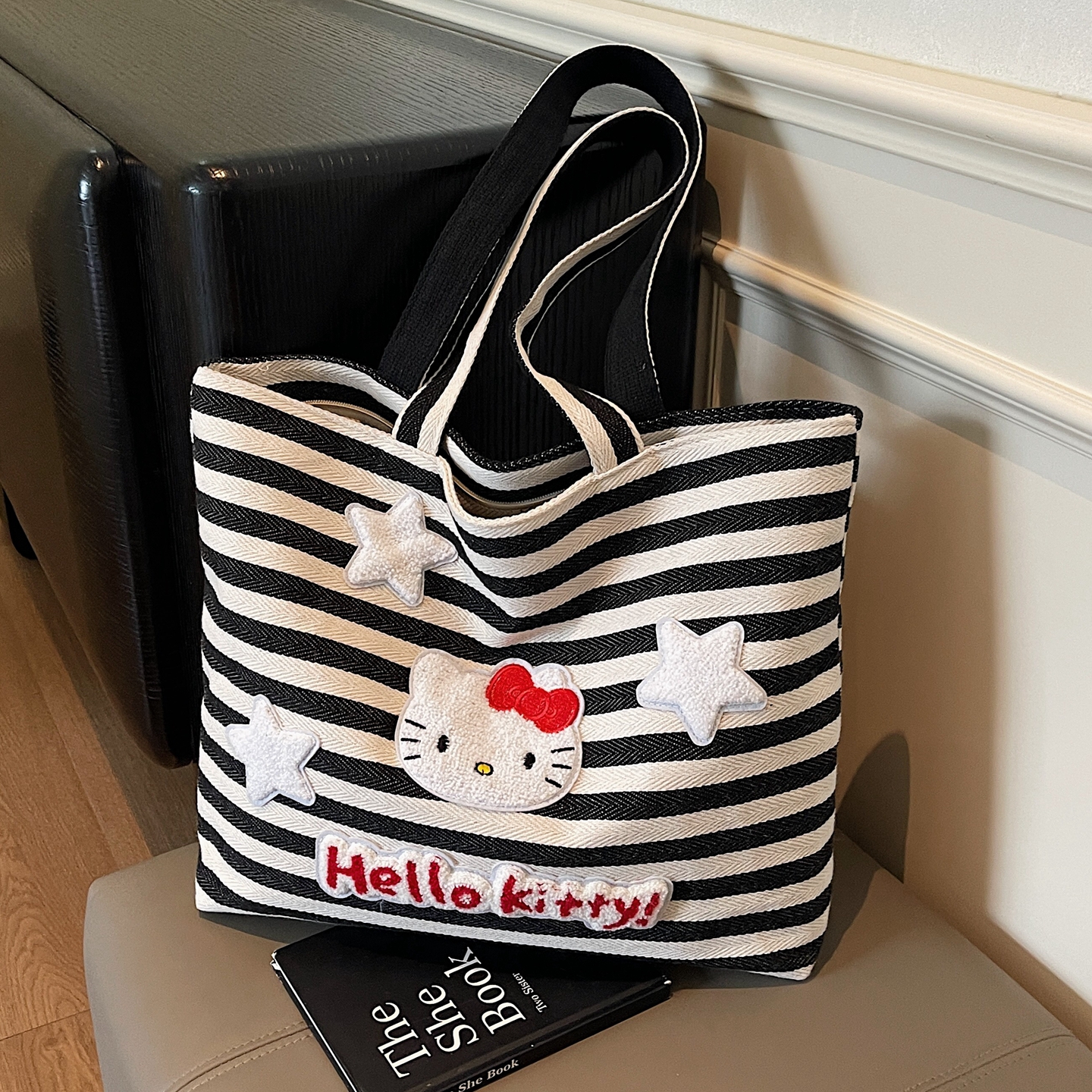 条纹帆布包大容量通勤单肩托特包