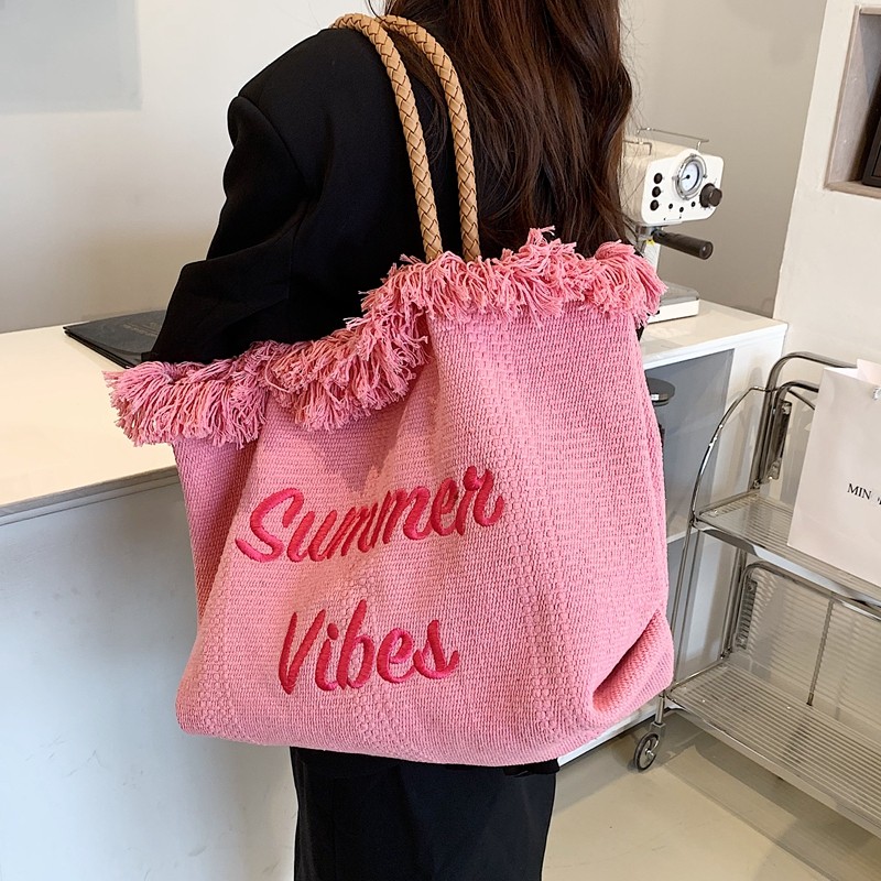 网红帆布包女2025新款秋冬ins百搭流苏编织字母大容量单肩托特包,箱包皮具/热销女包/男包,托特包,淘宝优惠券,粉丝福利购,淘宝优惠卷