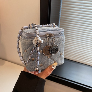 迷你小香风牛仔帆布包包女夏季时尚菱格链条斜挎包超火盒子水桶包