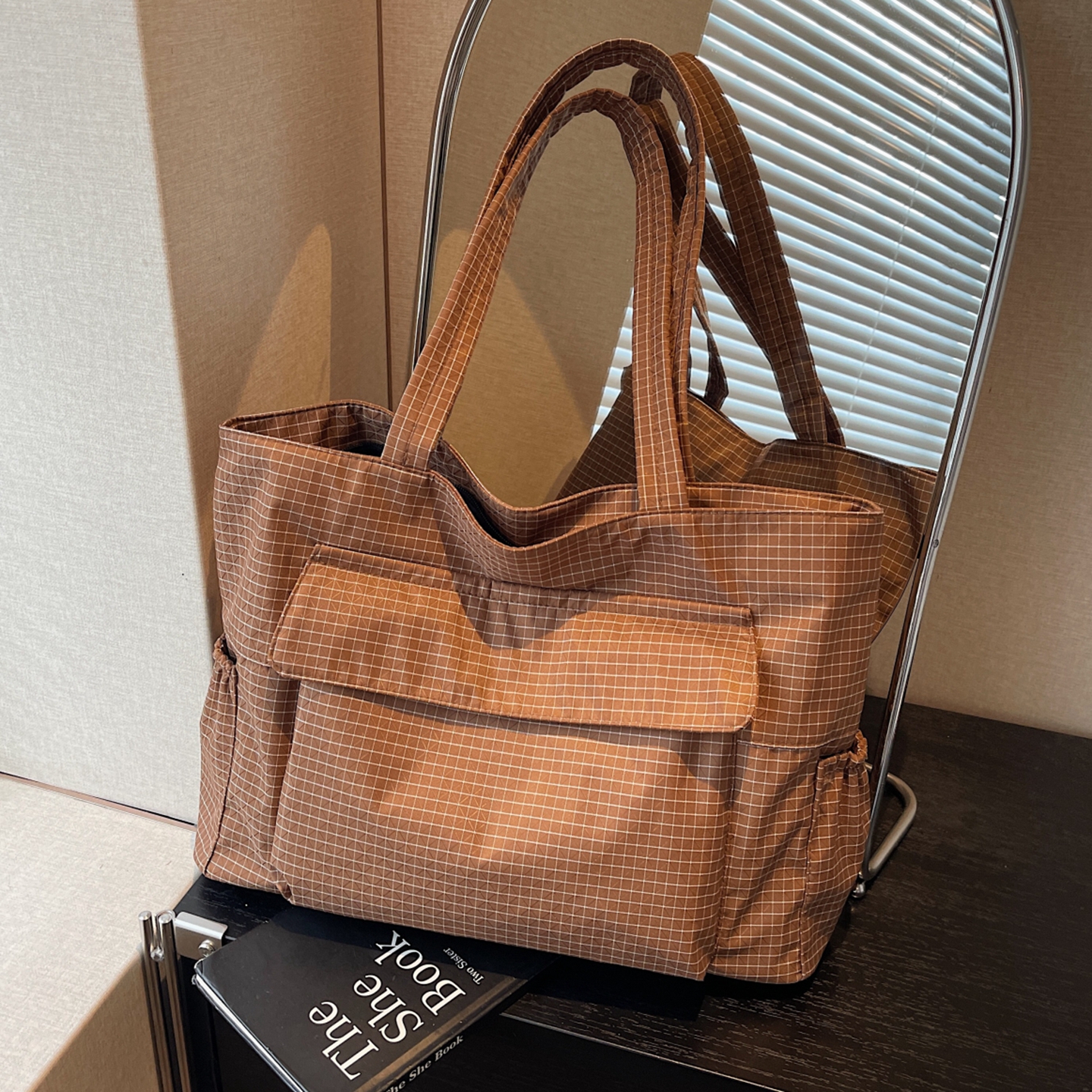 休闲格子通勤托特包大容量单肩包