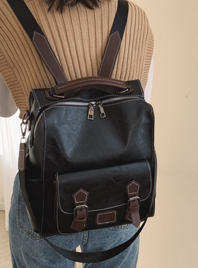 复古双肩包包女2025新款韩版爆款软皮百搭大学生上课书包旅行背包