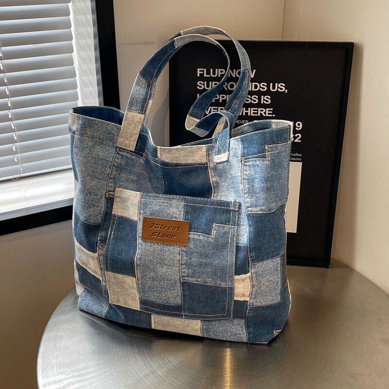 大容量牛仔帆布包包女夏季新款复古拼接撞色单肩包休闲百搭托特包 - 可可包袋 每日定时上新 原创定制出品