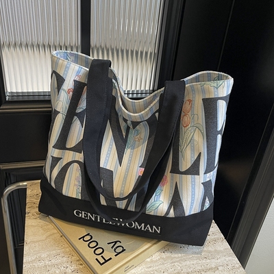 休闲大容量帆布包字母单肩托特包