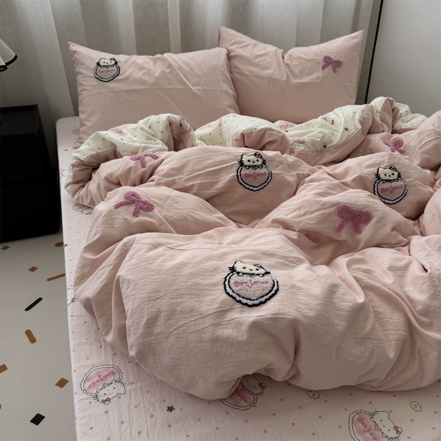 ins少女粉色KT猫毛巾绣四件套