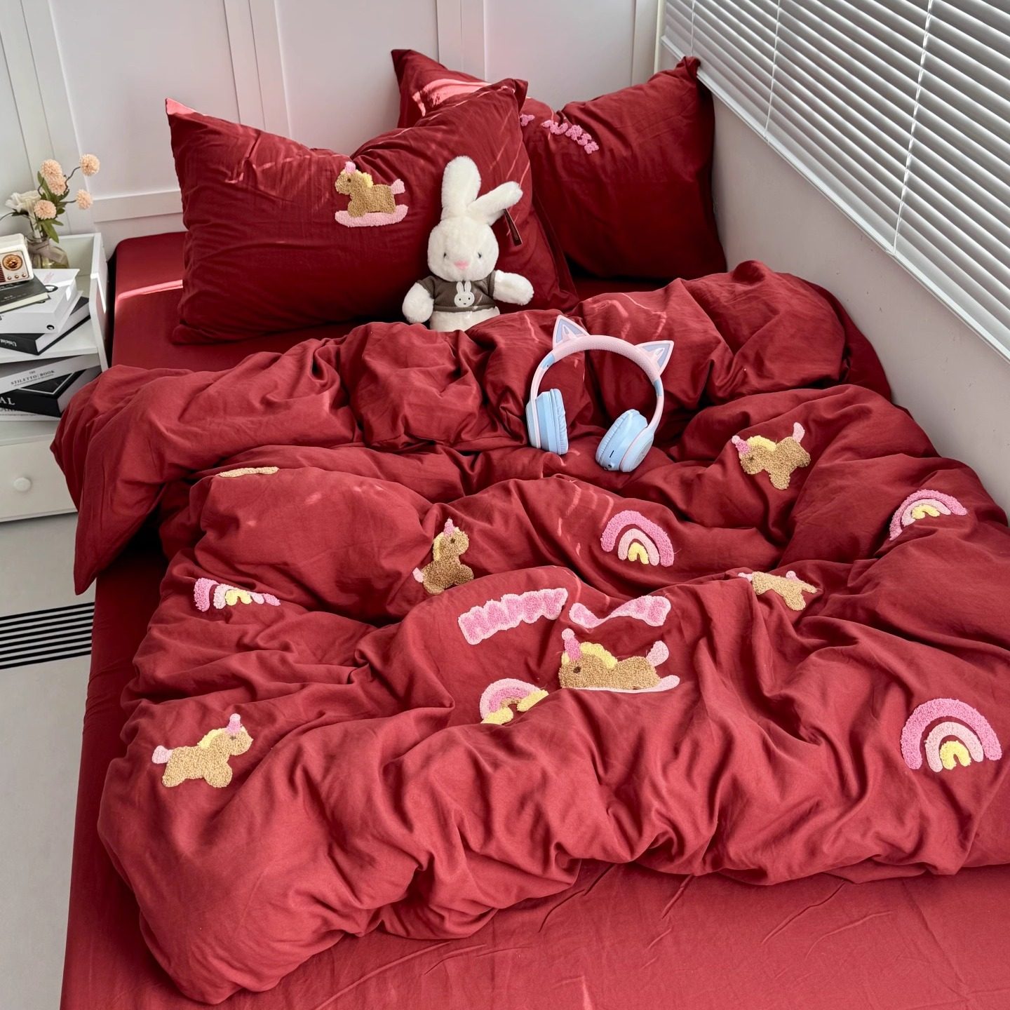 安可拉红ins可爱小马毛巾绣水洗棉四件套全棉被套床单宿舍三件套,床上用品,床品套件/四件套/多件套,淘宝优惠券,粉丝福利购,淘宝优惠卷