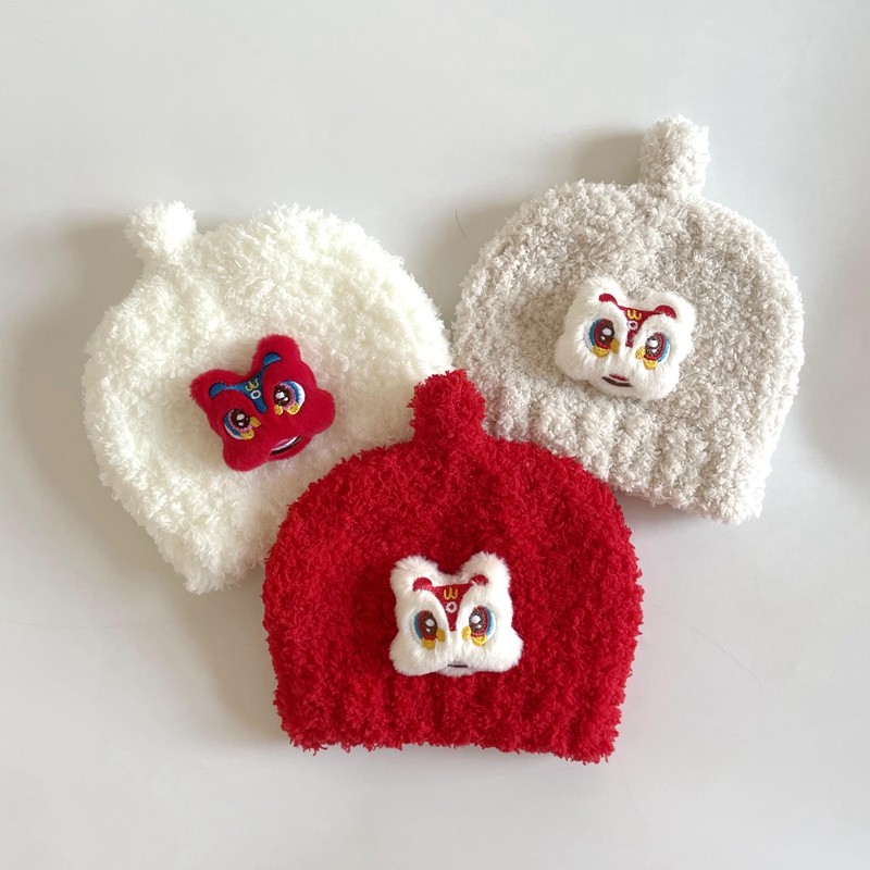 新生儿百天宝宝满月秋冬虎头帽醒狮奶嘴帽毛线喜庆加厚保暖红帽子