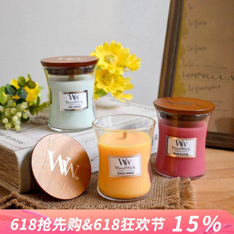 woodwick香薰蜡烛美国大豆蜡香氛卧室薰衣草助眠木芯黑樱桃圣诞礼