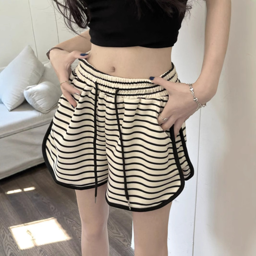 高腰宽松条纹短裤女大码夏装2025新款胖mm休闲运动裤显瘦外穿热裤