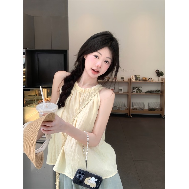 黄色挂脖吊带背心女2025新款夏季宽松外穿娃娃衫气质绝美无袖上衣