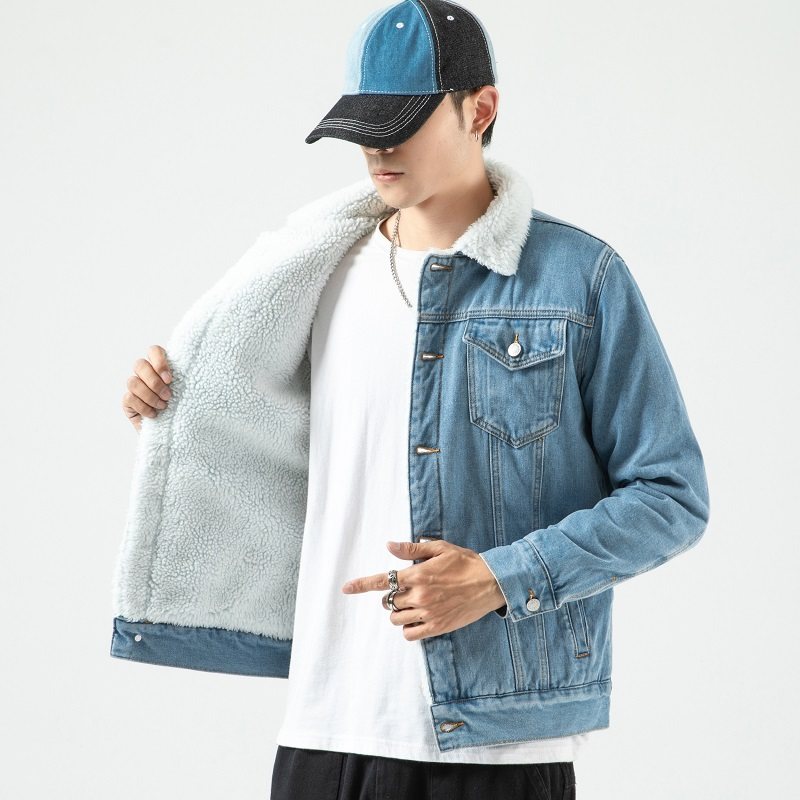 冬季加绒牛仔外套男仿羊羔毛韩版修身加厚夹克青年棉衣棉服上衣潮