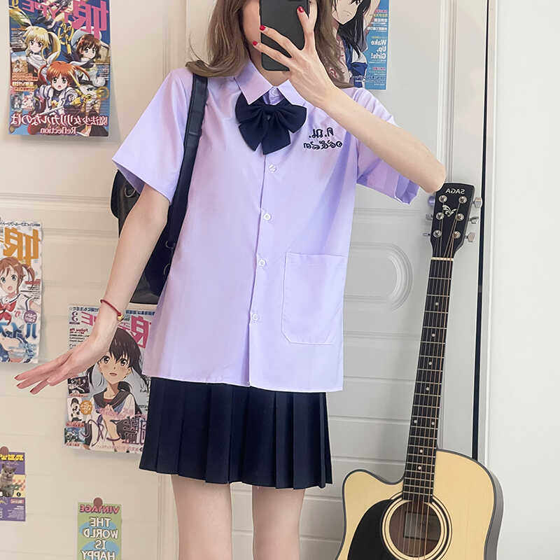 紫色jk衬衫女生夏季学生学院风短袖制服翻领字母宽松泰国校服衬衣