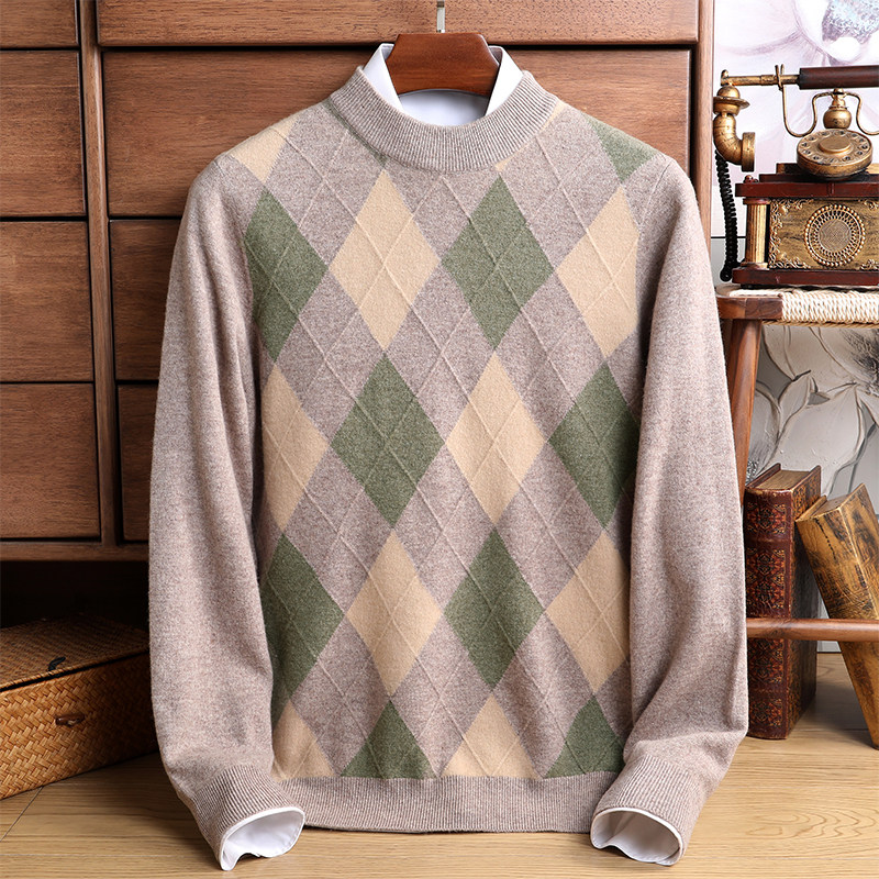 秋冬厚款中老年长袖羊毛衫男圆领套头格子嵌花显年轻宽松保暖毛衣