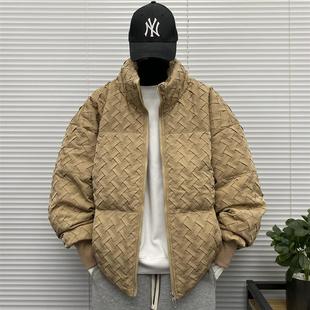 设计感编织无帽羽绒衣服男士冬季装大码青少年立领面包羽绒外套潮
