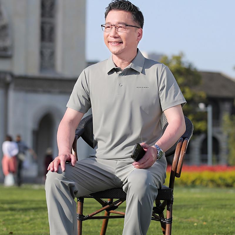 夏季薄款运动套装男冰丝短袖T恤男直筒长裤宽松中老年爸爸两件套