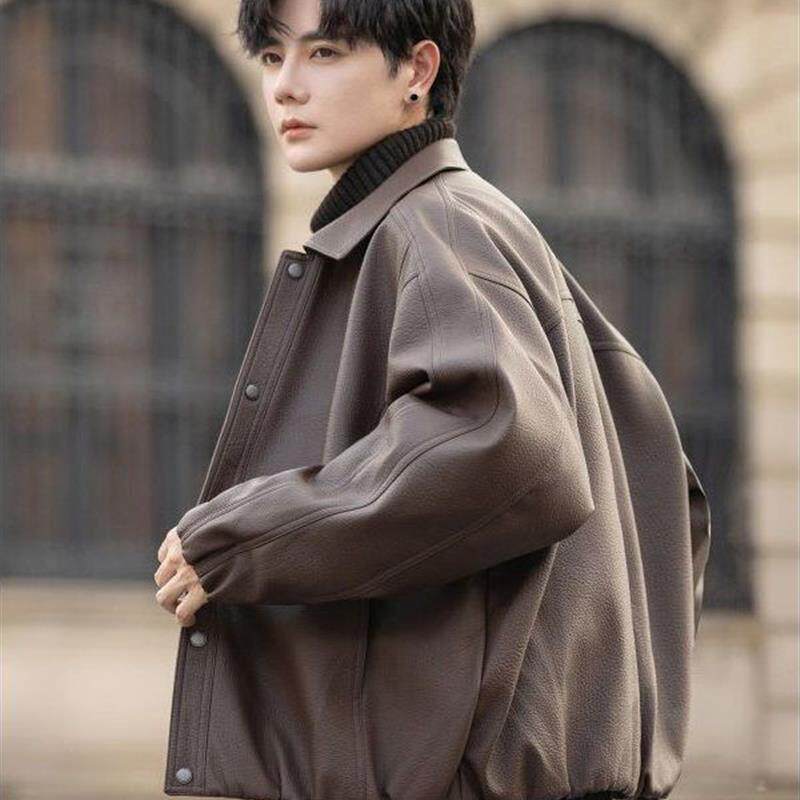 覆古pu皮衣夹克外套男士春秋季新款休闲高级感翻领机车服男装上衣