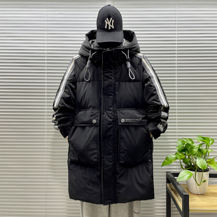 青少年羽绒服男士中长款2025新款秋冬季加厚潮牌高中学生条纹外套