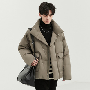 新款 宽松23深冬季 加厚鸭绒面包服外套 羽绒服男士 高级感大翻领短款