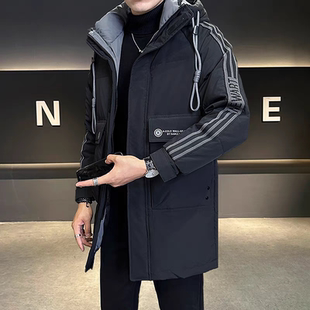 青少年男士中长款羽绒服秋冬季2025新款高中学生潮牌加厚条纹外套