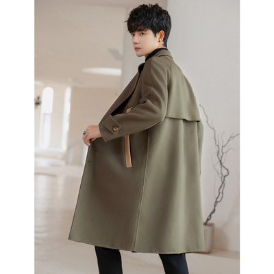 秋冬款双面非羊绒大衣男士中长款拼色西装领羊毛外套宽松呢子风衣