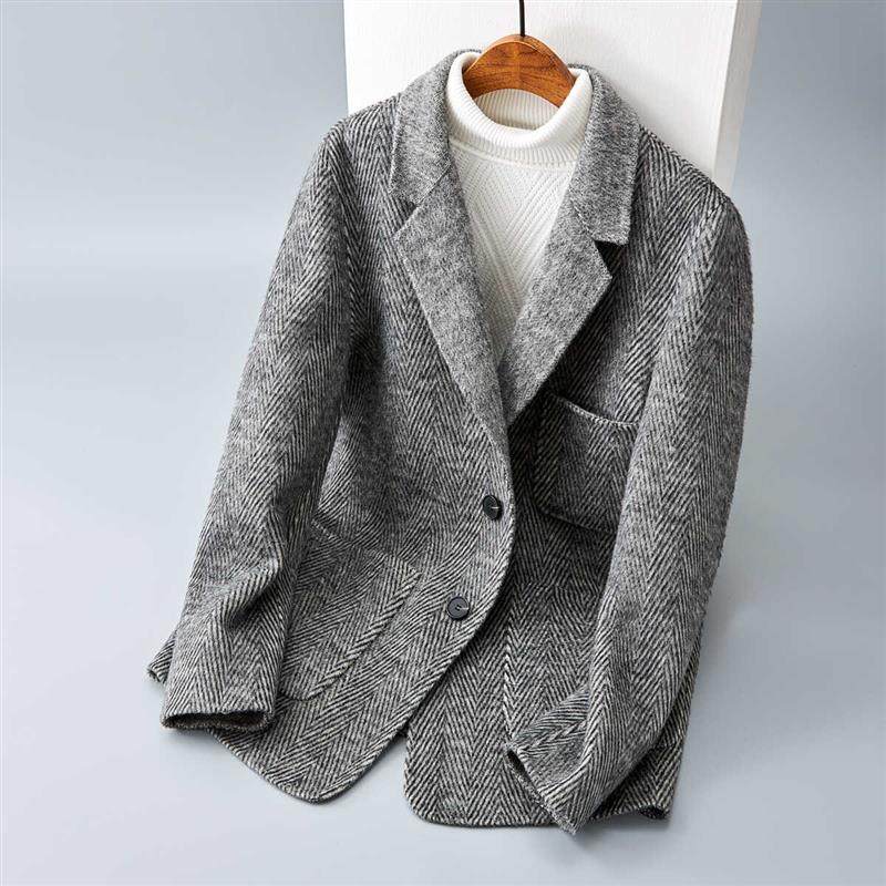 人字纹双面羊毛呢子大衣男士西装外套春秋季风衣短款羊绒西服上衣