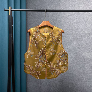 新中式 风金色重工刺绣花卉圆领背心女坎肩高级感气质百搭国风马夹