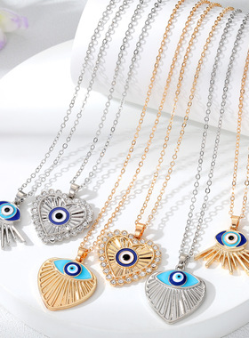 欧美跨境饰品 心形恶魔之眼吊坠 个性点钻土耳其蓝眼睛项链毛衣链