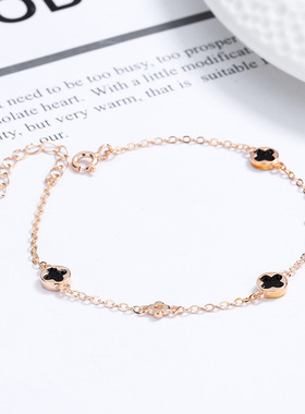 S925银玫瑰金色幸运四叶草天然红色玛瑙手链女情人节礼物黑石饰品