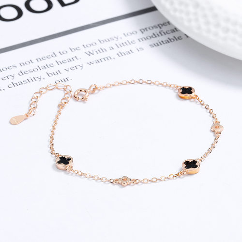 S925银玫瑰金色幸运四叶草天然红色玛瑙手链女情人节礼物黑石饰品