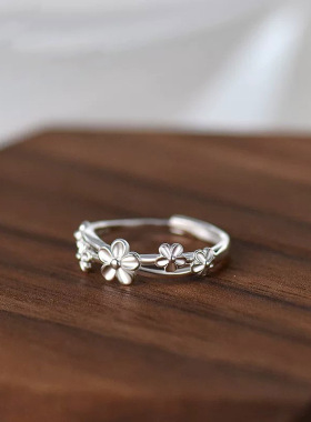 S999纯银滕条花朵戒指女森系设计甜美尾戒轻奢气质时尚活口食指戒