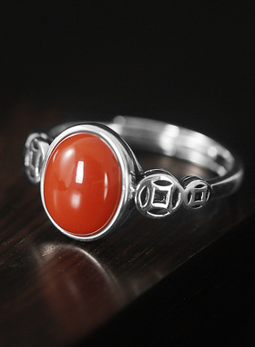s925银南红玛瑙铜币戒指女复古钱币食指指环百搭小众设计开口个性