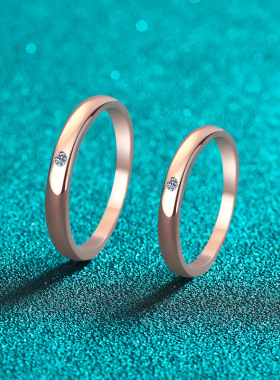 S925纯银全莫桑香槟金情侣戒男女通用光身简约对戒情人节礼