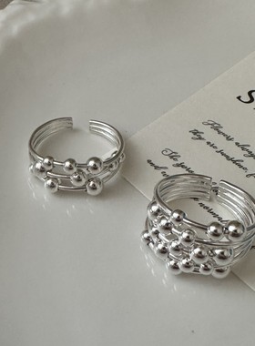S925纯银韩版小众设计感多层线条珠珠戒指韩国东大门热卖款指环