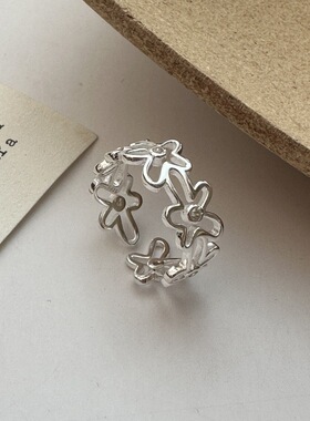 S925纯银小众设计感小花复古简约戒指韩版韩式风时髦指环