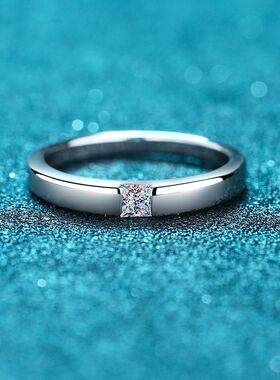 s925纯银戒子公主方简约排戒30分莫桑石戒指男女通用款指环