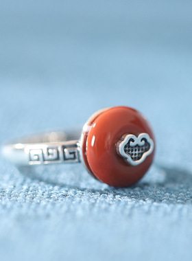 南红玛瑙平安扣戒指S925银复古时尚如意指环女文艺南红玛瑙食指