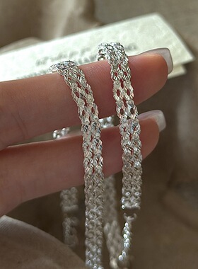 足银s999双排手链ins风小众设计简约时髦编织蕾丝感几何菱形手饰