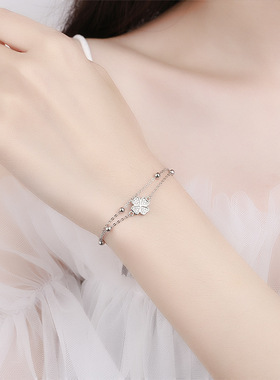 s925纯银四叶草双层手链女韩版ins高级感小众设计闺蜜气质手饰品