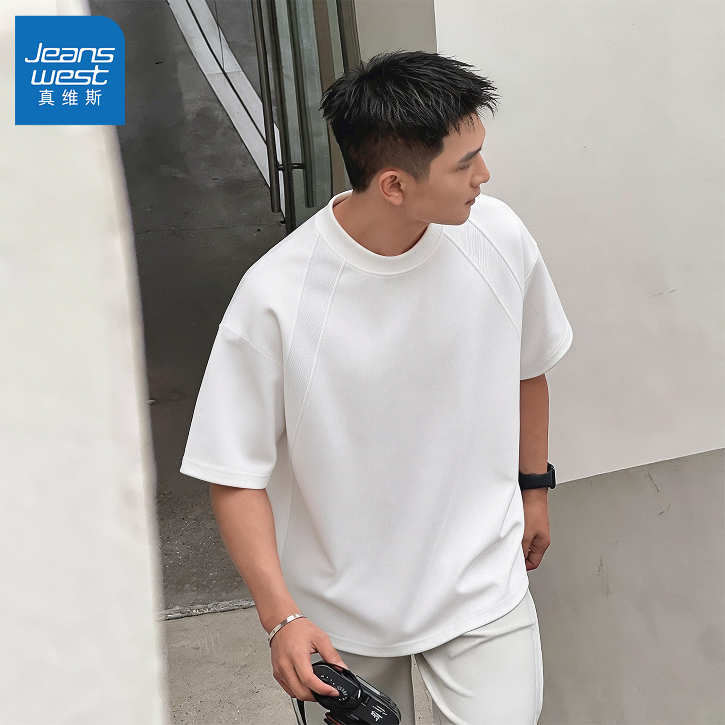 真维斯短袖男款夏季青少年潮流时尚大码五分袖白色重磅t恤衫男Q