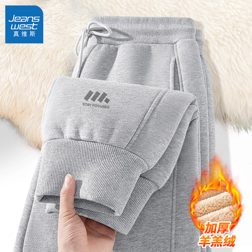 真维斯羊羔绒灰色裤子男冬2025新款男士休闲裤加厚束脚卫裤男款Q