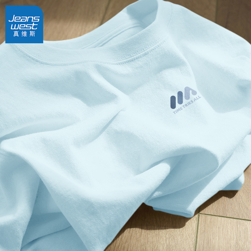 真维斯蓝色短袖男款t恤纯棉夏季薄款透气半袖男士美式潮流上衣男L