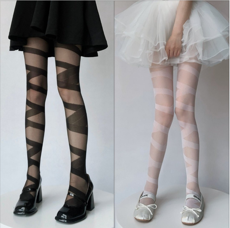日系辣妹绷带过膝袜Lolita白丝jk长筒袜绑带珍塔袜子洛丽塔袜薄款