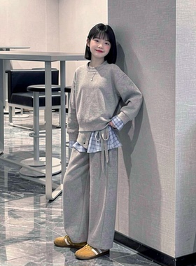 【甜馨专享】【顾奈】拼接格子假两件卫衣套装女童休闲套装
