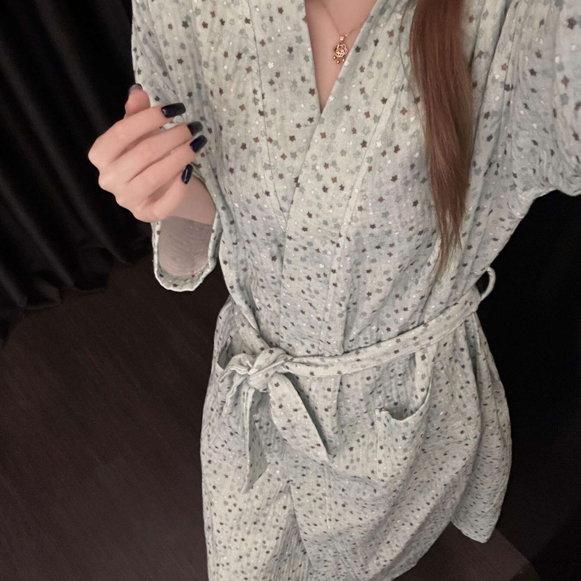 夏季和服长袖睡袍女款春秋季睡衣波点印花浴衣晨袍可爱睡裙家居服