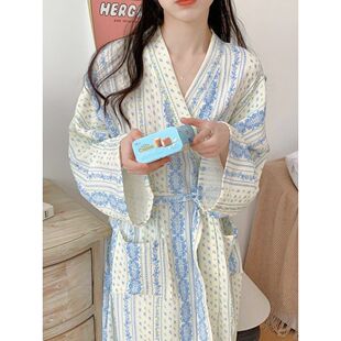 春秋季2026新款甜美少女风睡袍女居家舒适蓝色条纹波点家居服