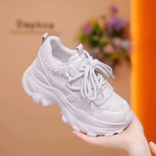 户外网面百搭运动休闲鞋 女2026夏爆款 真皮老爹鞋 厚底6CM镶砖时尚